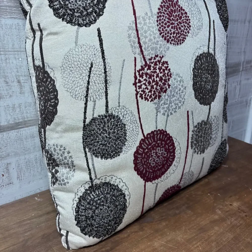 Large Burgundy and Gray Floral Accent Pillow
